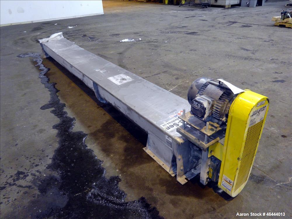Used Nord-Sen Metal Industries Screw Conveyor, Stainless Steel. Approximate 12" diameter x 180" long x 6" pitch screw. Driven by a 3hp, 3/60/208-230/460 volt, 1760 rpm motor thru a Dodge torque arm r...