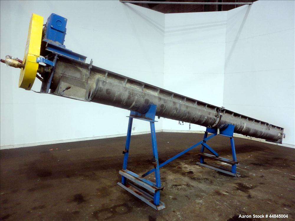 Used Ohio Inclined Screw Conveyor, 304 Stainless Steel. Approximate 12" diameter x 239" long x 3-1/2" pitch cored screw, driven by a 2 hp, 180 volt, 1750 rpm gear motor, no gear ratio. Jacketed troug...