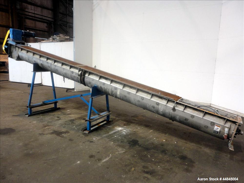 Used Ohio Inclined Screw Conveyor, 304 Stainless Steel. Approximate 12" diameter x 239" long x 3-1/2" pitch cored screw, driven by a 2 hp, 180 volt, 1750 rpm gear motor, no gear ratio. Jacketed troug...