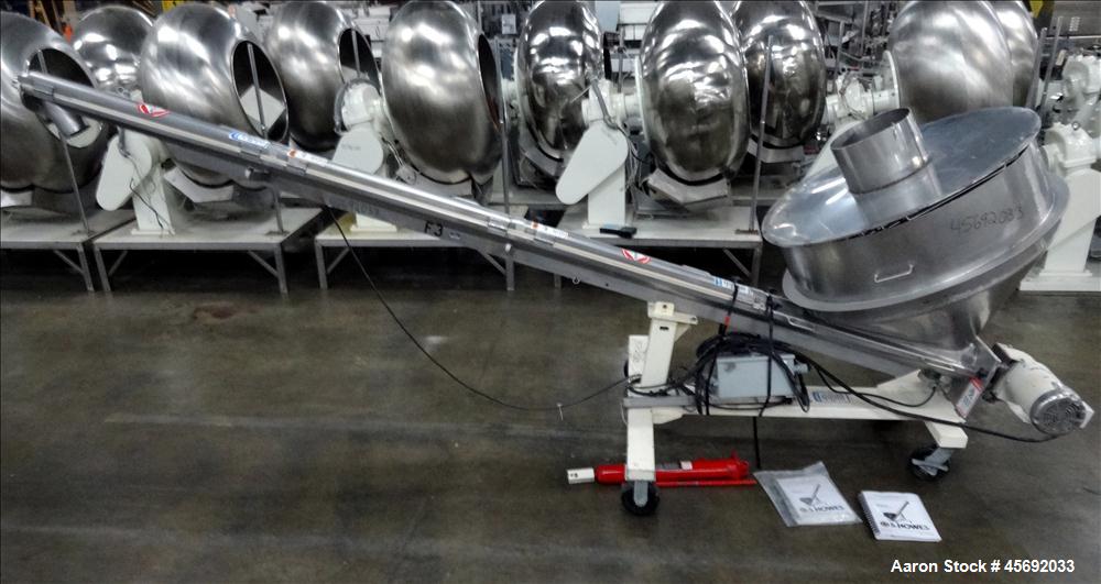 Used S. Howes Split Tube Screw Conveyor, Stainless Steel. 4" diameter x 156" long screw. Approximate capacity 70 to 120 feet. Hinged screw covers. Stainless Steel feed hopper 36" diameter x 13" strai...