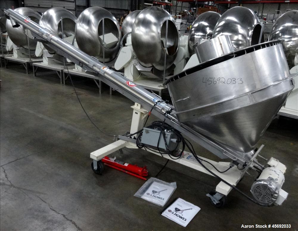 Used S. Howes Split Tube Screw Conveyor, Stainless Steel. 4" diameter x 156" long screw. Approximate capacity 70 to 120 feet. Hinged screw covers. Stainless Steel feed hopper 36" diameter x 13" strai...