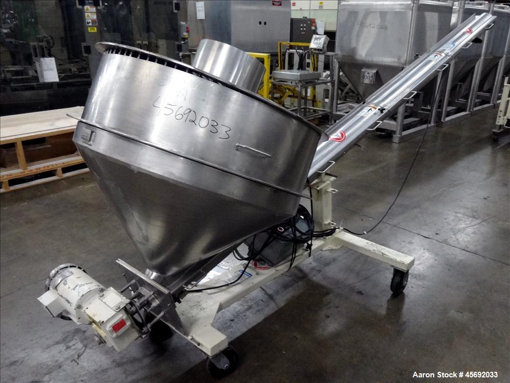 Used S. Howes Split Tube Screw Conveyor, Stainless Steel. 4" diameter x 156" long screw. Approximate capacity 70 to 120 feet. Hinged screw covers. Stainless Steel feed hopper 36" diameter x 13" strai...