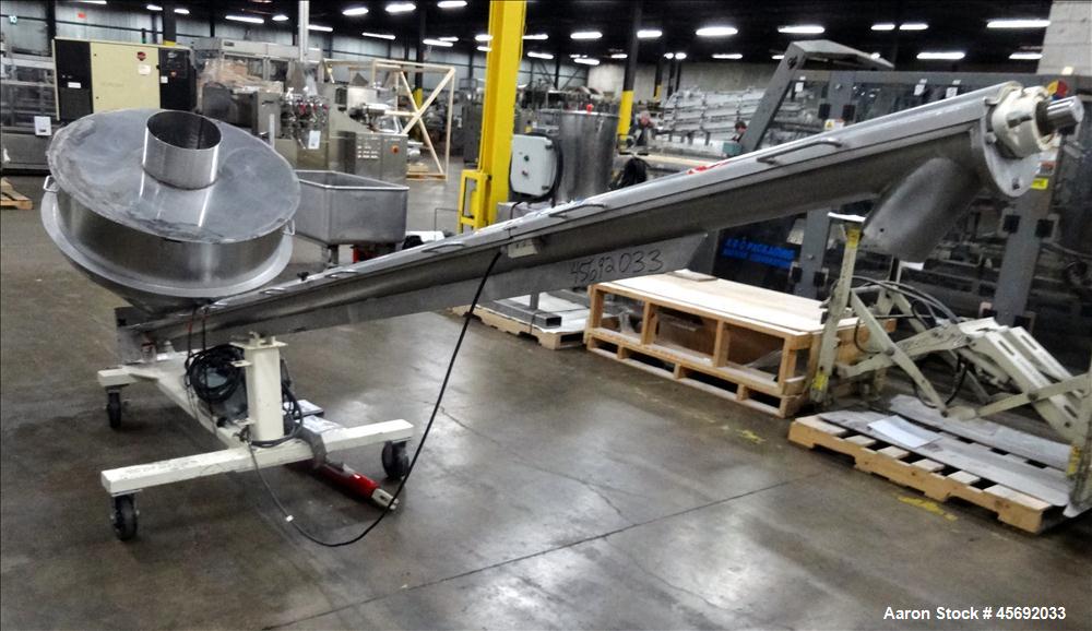 Used S. Howes Split Tube Screw Conveyor, Stainless Steel. 4" diameter x 156" long screw. Approximate capacity 70 to 120 feet. Hinged screw covers. Stainless Steel feed hopper 36" diameter x 13" strai...
