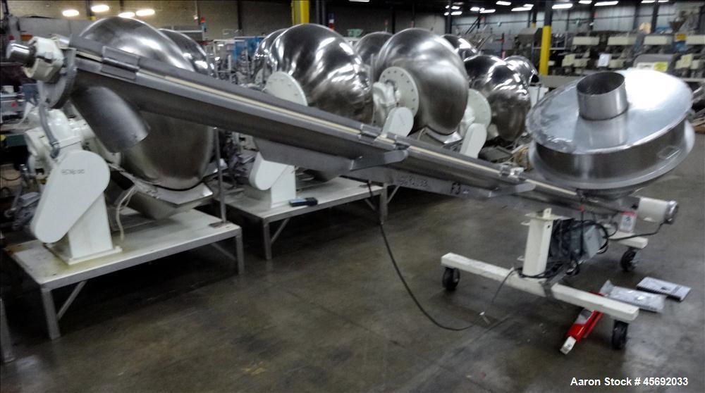Used S. Howes Split Tube Screw Conveyor, Stainless Steel. 4" diameter x 156" long screw. Approximate capacity 70 to 120 feet. Hinged screw covers. Stainless Steel feed hopper 36" diameter x 13" strai...