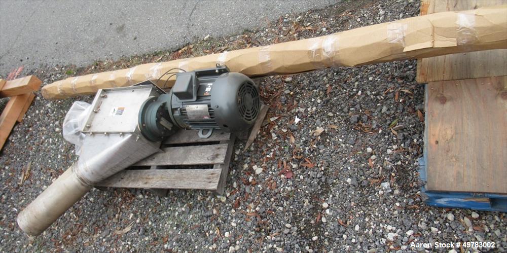 Used Spiroflow Stainless Steel Flexible Screw Conveyor, Model 412B19. Approximate 3" diameter x 20' long screw, inside 4" diameter stainless steel pipe/tube. Driven by a 5hp, 3/60/230/460 volt, 1740 ...