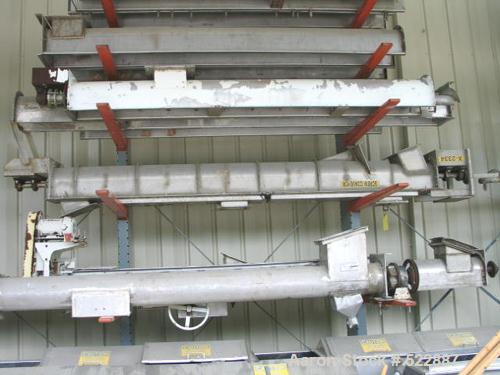 USED: 9" Diameter x 12' long jacketed stainless steel screw conveyor.Inclined design. Drive on discharge end. Three inlets. Sprocket typedrive. No motor or gear reducer. Double outboard bearings on t...