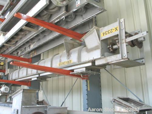 USED: 9" Diameter x 12' long jacketed stainless steel screw conveyor.Inclined design. Drive on discharge end. Three inlets. Sprocket typedrive. No motor or gear reducer. Double outboard bearings on t...