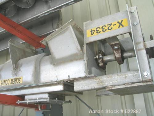 USED: 9" Diameter x 12' long jacketed stainless steel screw conveyor.Inclined design. Drive on discharge end. Three inlets. Sprocket typedrive. No motor or gear reducer. Double outboard bearings on t...