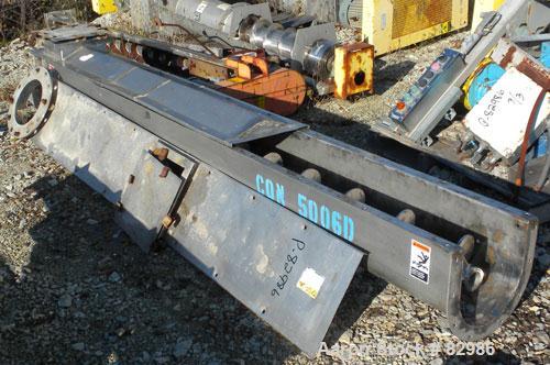 Used Thomas Conveyor Screw Conveyor, 316 Stainless Steel, Horizontal. 8" diameter x 213" long x 4" pitch screw. 10" end top feed, 10" x 10" end bottom outlet.Top bolt on cover with (2) 10" x 10" open...