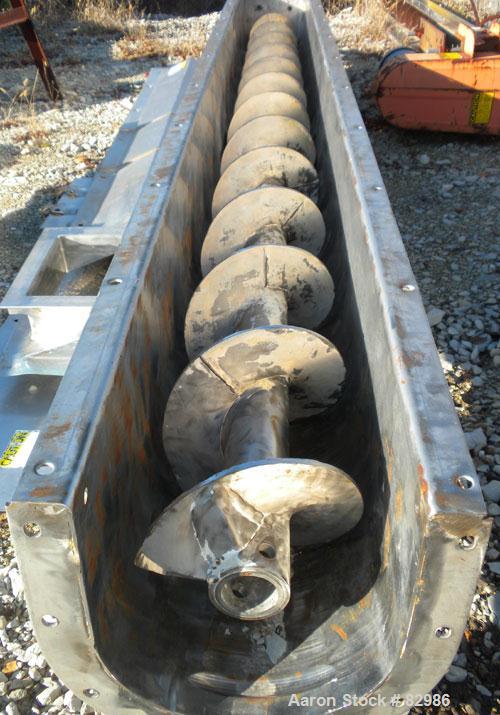 Used Thomas Conveyor Screw Conveyor, 316 Stainless Steel, Horizontal. 8" diameter x 213" long x 4" pitch screw. 10" end top feed, 10" x 10" end bottom outlet.Top bolt on cover with (2) 10" x 10" open...