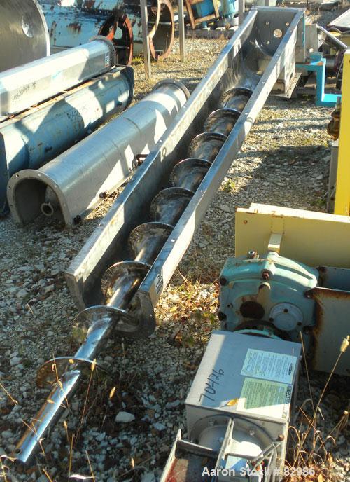Used Thomas Conveyor Screw Conveyor, 316 Stainless Steel, Horizontal. 8" diameter x 213" long x 4" pitch screw. 10" end top feed, 10" x 10" end bottom outlet.Top bolt on cover with (2) 10" x 10" open...