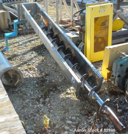 Used Thomas Conveyor Screw Conveyor, 316 Stainless Steel, Horizontal. 8" diameter x 213" long x 4" pitch screw. 10" end top feed, 10" x 10" end bottom outlet.Top bolt on cover with (2) 10" x 10" open...