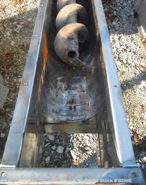 Used Thomas Conveyor Screw Conveyor, 316 Stainless Steel, Horizontal. 8" diameter x 213" long x 4" pitch screw. 10" end top feed, 10" x 10" end bottom outlet.Top bolt on cover with (2) 10" x 10" open...