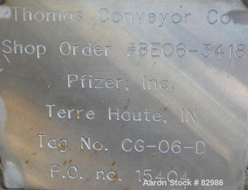 Used Thomas Conveyor Screw Conveyor, 316 Stainless Steel, Horizontal. 8" diameter x 213" long x 4" pitch screw. 10" end top feed, 10" x 10" end bottom outlet.Top bolt on cover with (2) 10" x 10" open...