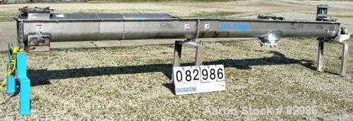 Used Thomas Conveyor Screw Conveyor, 316 Stainless Steel, Horizontal. 8" diameter x 213" long x 4" pitch screw. 10" end top feed, 10" x 10" end bottom outlet.Top bolt on cover with (2) 10" x 10" open...