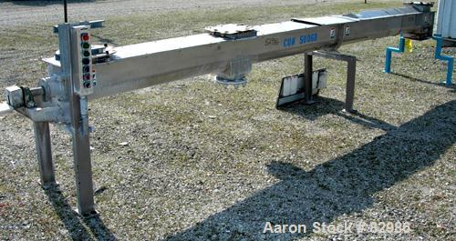 Used Thomas Conveyor Screw Conveyor, 316 Stainless Steel, Horizontal. 8" diameter x 213" long x 4" pitch screw. 10" end top feed, 10" x 10" end bottom outlet.Top bolt on cover with (2) 10" x 10" open...