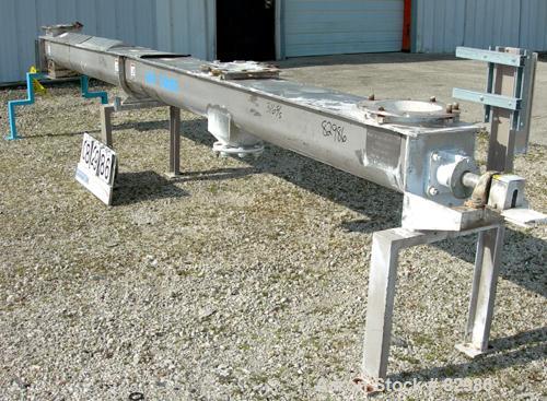 Used Thomas Conveyor Screw Conveyor, 316 Stainless Steel, Horizontal. 8" diameter x 213" long x 4" pitch screw. 10" end top feed, 10" x 10" end bottom outlet.Top bolt on cover with (2) 10" x 10" open...