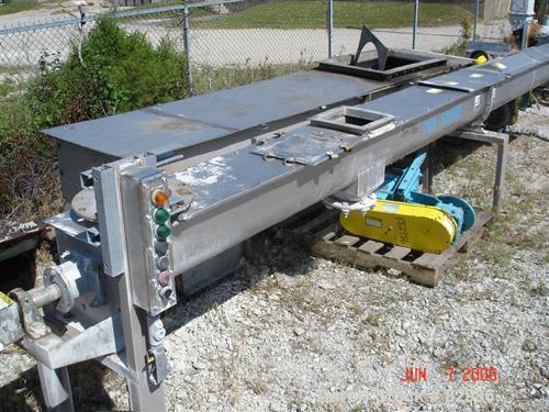 Used Thomas Conveyor Screw Conveyor, 316 Stainless Steel, Horizontal. 8" diameter x 213" long x 4" pitch screw. 10" end top feed, 10" x 10" end bottom outlet.Top bolt on cover with (2) 10" x 10" open...