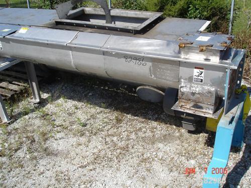 Used Thomas Conveyor Screw Conveyor, 316 Stainless Steel, Horizontal. 8" diameter x 213" long x 4" pitch screw. 10" end top feed, 10" x 10" end bottom outlet.Top bolt on cover with (2) 10" x 10" open...