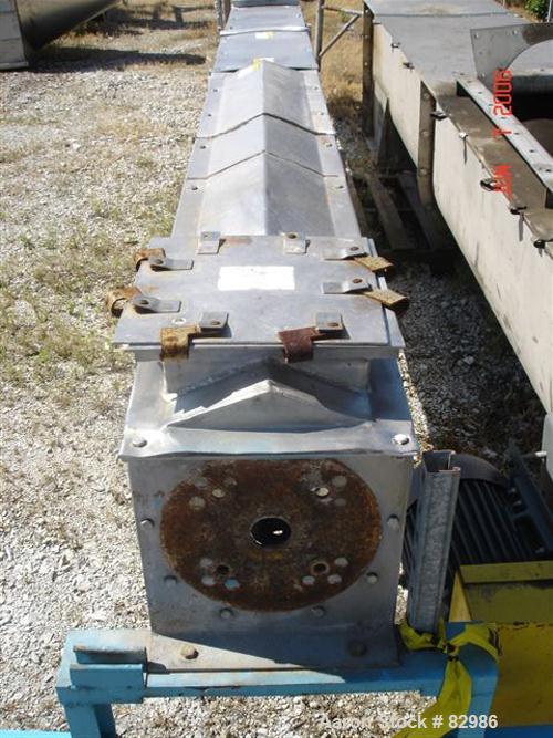Used Thomas Conveyor Screw Conveyor, 316 Stainless Steel, Horizontal. 8" diameter x 213" long x 4" pitch screw. 10" end top feed, 10" x 10" end bottom outlet.Top bolt on cover with (2) 10" x 10" open...