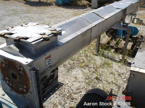 Used Thomas Conveyor Screw Conveyor, 316 Stainless Steel, Horizontal. 8" diameter x 213" long x 4" pitch screw. 10" end top feed, 10" x 10" end bottom outlet.Top bolt on cover with (2) 10" x 10" open...