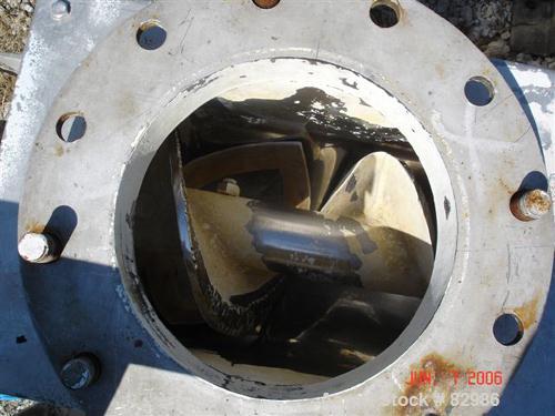 Used Thomas Conveyor Screw Conveyor, 316 Stainless Steel, Horizontal. 8" diameter x 213" long x 4" pitch screw. 10" end top feed, 10" x 10" end bottom outlet.Top bolt on cover with (2) 10" x 10" open...