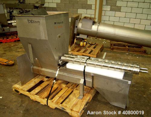 Used Vanmark Potato Feeder. (2) Approximate 3 1/2" diameter x 42" long side-by-side 316 stainless steel screws. Top feed with hopper, end bottom outlet. Driven by a 1 hp, 3/60/330/575 volt, 1700 rpm ...