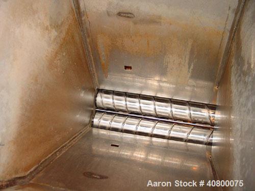 Used Vanmark Potato Feeder. (2) Approximate 3 1/2'' diameter x 42'' long side-by-side 316 stainless steel screws. Top feed with hopper, end bottom outlet. Driven by a 1 hp, 3/60/330/575 volt, 1700 rp...