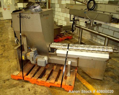Used Vanmark Potato Feeder. (2) Approximate 3 1/2" diameter x 42" long side-by-side 316 stainless steel screws. Top feed with hopper, end bottom outlet. Driven by a 1 hp, 3/60/330/575 volt, 1700 rpm ...