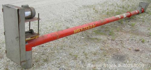Used Westfield Industries Screw Conveyor, carbon steel. 6" diameter x 21' long x 5" pitch screw. Aproximate 6 1/4" diameter enclosed tube. 14" x 14" feed hopper, 7 1/2" end bottom outlet. Driven by a...