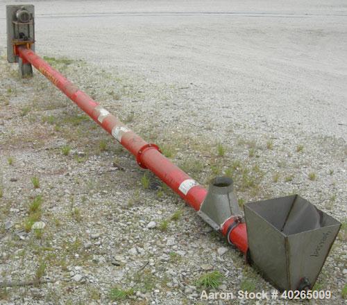 Used Westfield Industries Screw Conveyor, carbon steel. 6" diameter x 21' long x 5" pitch screw. Aproximate 6 1/4" diameter enclosed tube. 14" x 14" feed hopper, 7 1/2" end bottom outlet. Driven by a...
