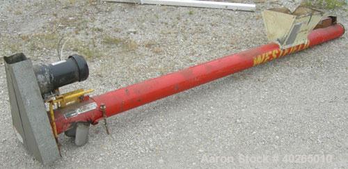 Used Westfield Industries Screw Conveyor, Carbon Steel. 6" diameter x 130" long x 6" pitch screw. Approximate 6 1/4" diameter enclosed tube. 19" x 13" feed hopper, end bottom outlet. Driven by a 1/2 ...
