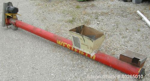 Used Westfield Industries Screw Conveyor, Carbon Steel. 6" diameter x 130" long x 6" pitch screw. Approximate 6 1/4" diameter enclosed tube. 19" x 13" feed hopper, end bottom outlet. Driven by a 1/2 ...