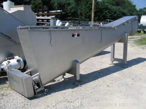 Used 15" Diameter X 13’-6" Long Wolfking Inclined Stainless Steel Food Grade Screw Conveyor, Type 2170. 7.5 hp motor equipped with gear reducer, chain drive, guard and emergency disconnect switch. Dr...