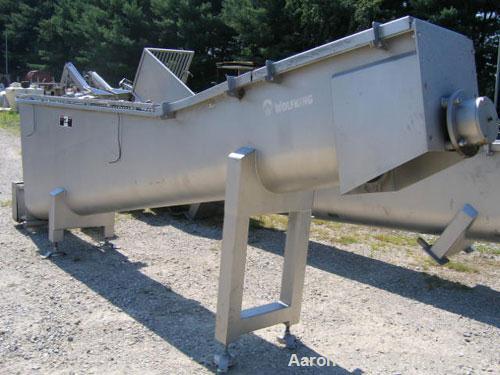 Used 15" Diameter X 13’-6" Long Wolfking Inclined Stainless Steel Food Grade Screw Conveyor, Type 2170. 7.5 hp motor equipped with gear reducer, chain drive, guard and emergency disconnect switch. Dr...