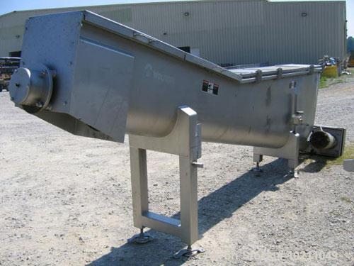 Used 15" Diameter X 13’-6" Long Wolfking Inclined Stainless Steel Food Grade Screw Conveyor, Type 2170. 7.5 hp motor equipped with gear reducer, chain drive, guard and emergency disconnect switch. Dr...
