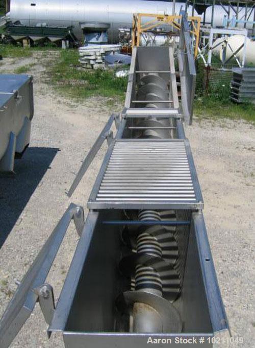 Used 15" Diameter X 13’-6" Long Wolfking Inclined Stainless Steel Food Grade Screw Conveyor, Type 2170. 7.5 hp motor equipped with gear reducer, chain drive, guard and emergency disconnect switch. Dr...