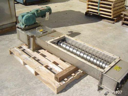 Used 6" X 56" Wyssmont Stainless Steel Twin Screw Feeder. Trough width 13", graduated flighting from 1.5" to 3" centers. Discharge is 13" X 5" on drive end. Unit is driven by a Reliance Electric AC i...