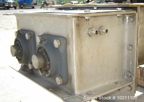 Used 6" X 56" Wyssmont Stainless Steel Twin Screw Feeder. Trough width 13", graduated flighting from 1.5" to 3" centers. Discharge is 13" X 5" on drive end. Unit is driven by a Reliance Electric AC i...