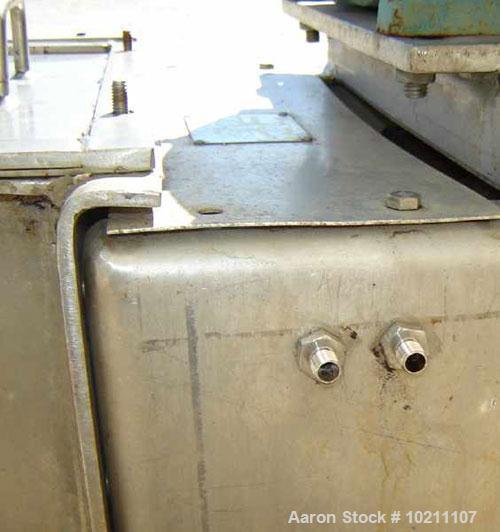 Used 6" X 56" Wyssmont Stainless Steel Twin Screw Feeder. Trough width 13", graduated flighting from 1.5" to 3" centers. Discharge is 13" X 5" on drive end. Unit is driven by a Reliance Electric AC i...