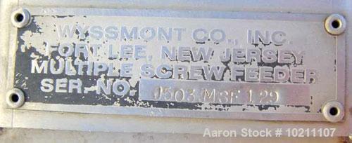 Used 6" X 56" Wyssmont Stainless Steel Twin Screw Feeder. Trough width 13", graduated flighting from 1.5" to 3" centers. Discharge is 13" X 5" on drive end. Unit is driven by a Reliance Electric AC i...