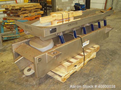 Used Key Technology ISO-FLO Vibratory Conveyor, Model 435532.1, 304 stainless steel. Maximum stroke approximately 8". Conveyor pan 5" deep, end feed section 37" wide x 34" long, middle section 19" wi...
