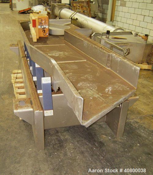 Used Key Technology ISO-FLO Vibratory Conveyor, Model 435532.1, 304 stainless steel. Maximum stroke approximately 8". Conveyor pan 5" deep, end feed section 37" wide x 34" long, middle section 19" wi...