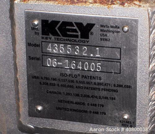 Used Key Technology ISO-FLO Vibratory Conveyor, Model 435532.1, 304 stainless steel. Maximum stroke approximately 8". Conveyor pan 5" deep, end feed section 37" wide x 34" long, middle section 19" wi...