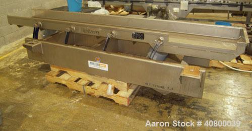 Used Key Technology ISO-FLO Vibratory Conveyor, Model 435535.1, 304 stainless steel. Maximum stroke approximately 7 1/2". Conveyor pan 5" deep, 18" wide x 120" long. Side end feed section, end discha...