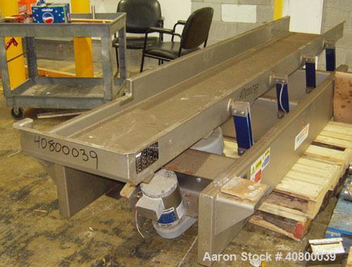 Used Key Technology ISO-FLO Vibratory Conveyor, Model 435535.1, 304 stainless steel. Maximum stroke approximately 7 1/2". Conveyor pan 5" deep, 18" wide x 120" long. Side end feed section, end discha...