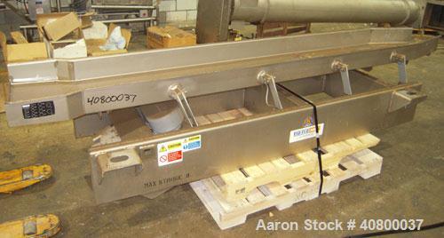 Used Key Technology ISO-FLO Vibratory Conveyor, Model 435541.1, 304 stainless steel. Maximum stroke approximately 8". Conveyor pan 5" deep, end feed section 21" wide x 10" long, middle section 18" wi...