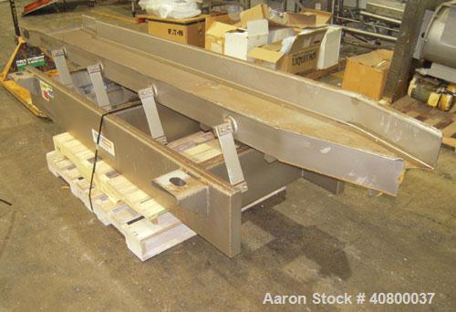 Used Key Technology ISO-FLO Vibratory Conveyor, Model 435541.1, 304 stainless steel. Maximum stroke approximately 8". Conveyor pan 5" deep, end feed section 21" wide x 10" long, middle section 18" wi...