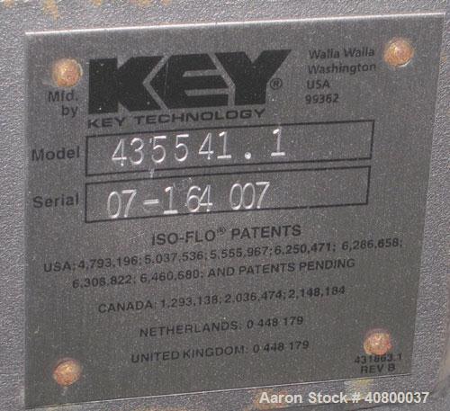 Used Key Technology ISO-FLO Vibratory Conveyor, Model 435541.1, 304 stainless steel. Maximum stroke approximately 8". Conveyor pan 5" deep, end feed section 21" wide x 10" long, middle section 18" wi...