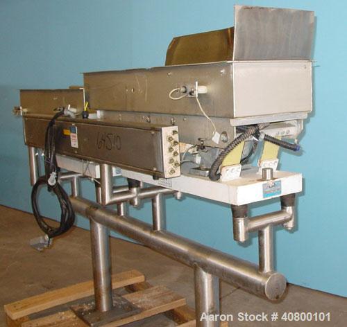 Used Allen 2 Section Vibratory Conveyor, stainless steel. (1) 13 1/2" wide x 45" long x 6" deep conveyor, model D25593, type FC, serial# CON12850. (1) 15 3/4" wide x 42" long x 6" deep conveyor, mode...